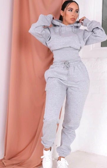 Graumeliertes, langärmliges, kurzes Fleece-Hoodie-Set mit Bündchen