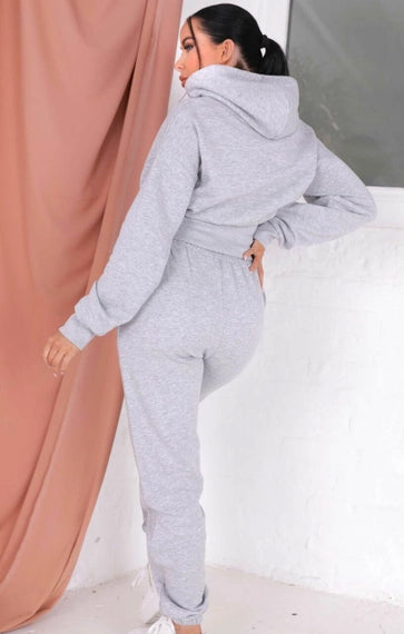 Graumeliertes, langärmliges, kurzes Fleece-Hoodie-Set mit Bündchen