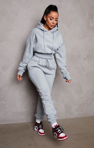 Graumeliertes, langärmliges, kurzes Fleece-Hoodie-Set mit Bündchen