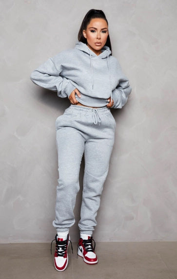 Graumeliertes, langärmliges, kurzes Fleece-Hoodie-Set mit Bündchen