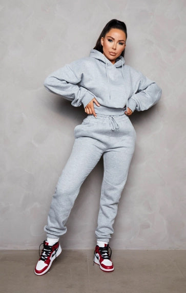 Graumeliertes, langärmliges, kurzes Fleece-Hoodie-Set mit Bündchen