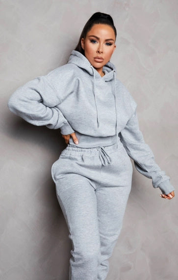 Graumeliertes, langärmliges, kurzes Fleece-Hoodie-Set mit Bündchen