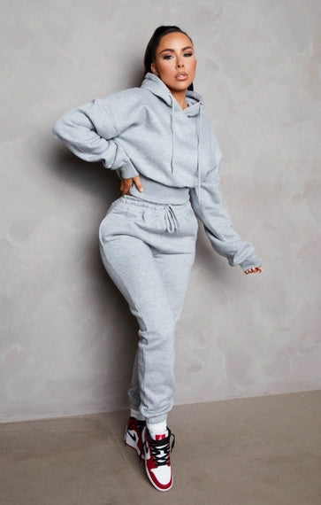 Graumeliertes, langärmliges, kurzes Fleece-Hoodie-Set mit Bündchen