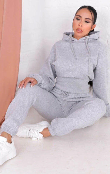 Graumeliertes, langärmliges, kurzes Fleece-Hoodie-Set mit Bündchen